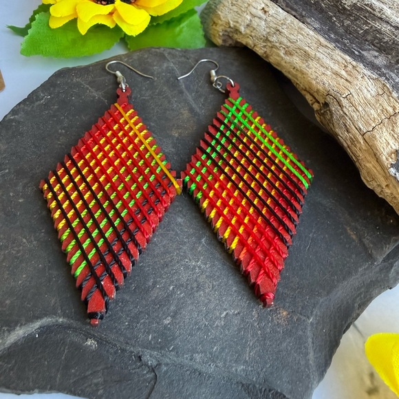 Earth Art hand crafted artisan Jewelry - Earth Art Hand Crafted Artisan Multicolor Red Wooden Large Earrings